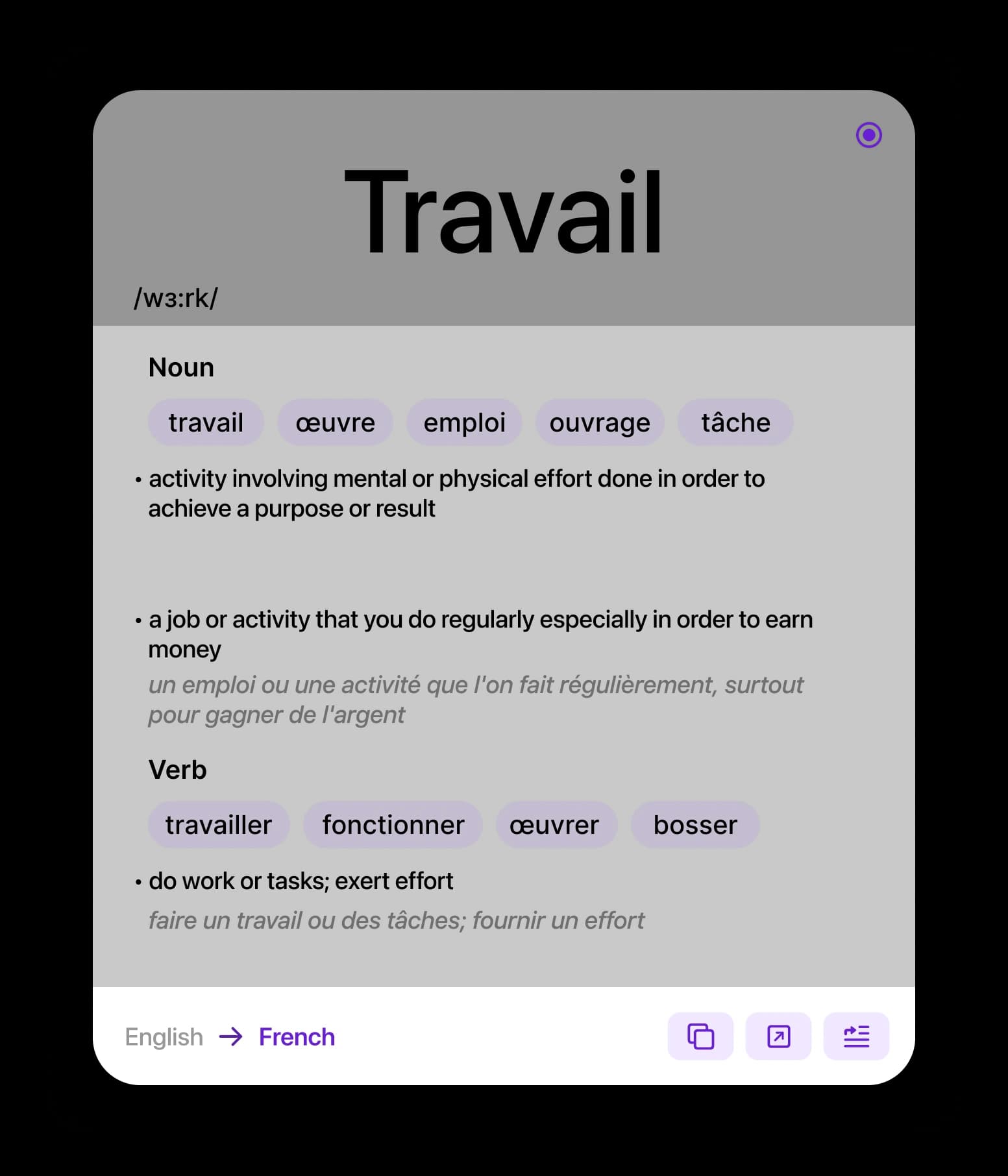 The context window shows the word Travail with its transcription, senses by part of speech and French synonyms