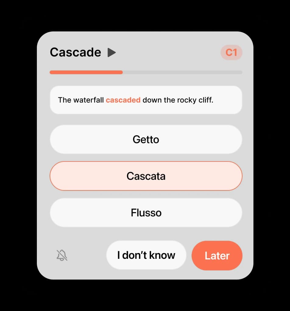 A Memorize card asking for the translation of Cascade, with the sentence it appeared in and three options